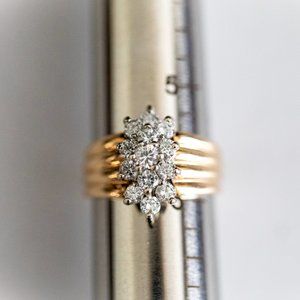 VINTAGE LADIES 14 KARAT YELLOW GOLD DIAMOND COCKTAIL CLUSTER RING WIDE BAND